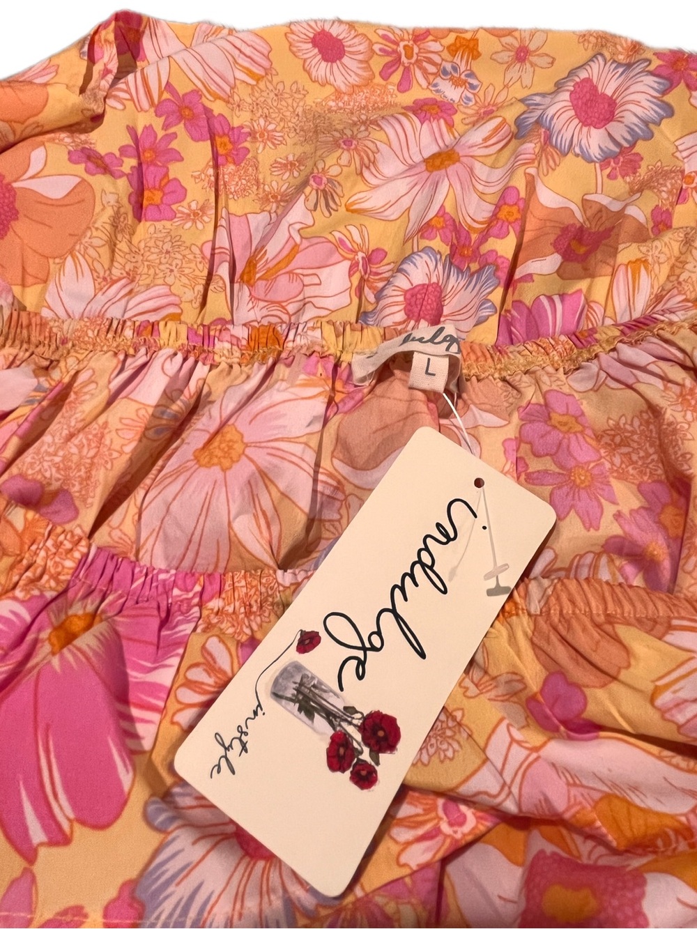 NWT Boho Floral Bright Orange and Pink Indulge Dress Off the Shoulder Size Large - Picture 7 of 9